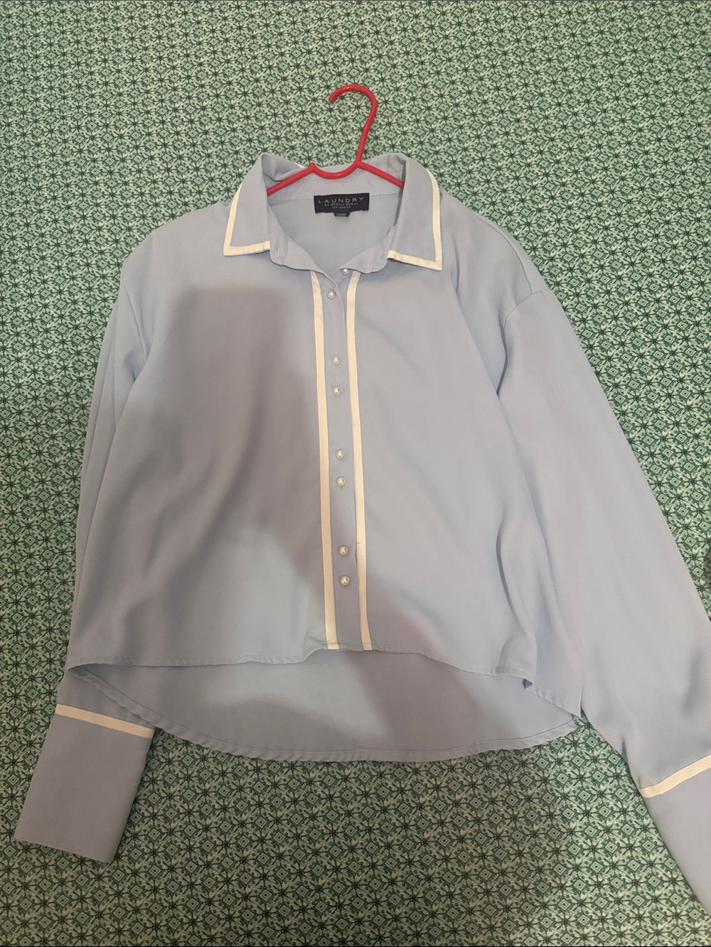 Laundry By Shelli Segal Light Blue Button-Down Blouse with Cream Trim